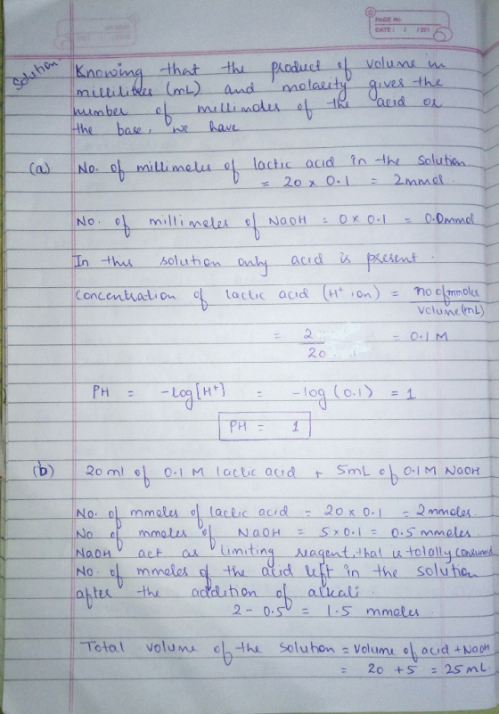 PAGE No DATE : 홑 1201 the (a)-- 11 No.-0 lactic acid ?nㅢhe Solution vclume ml) 2 2o 0.1 M -log o.i PH No. ol mmeles o lactic