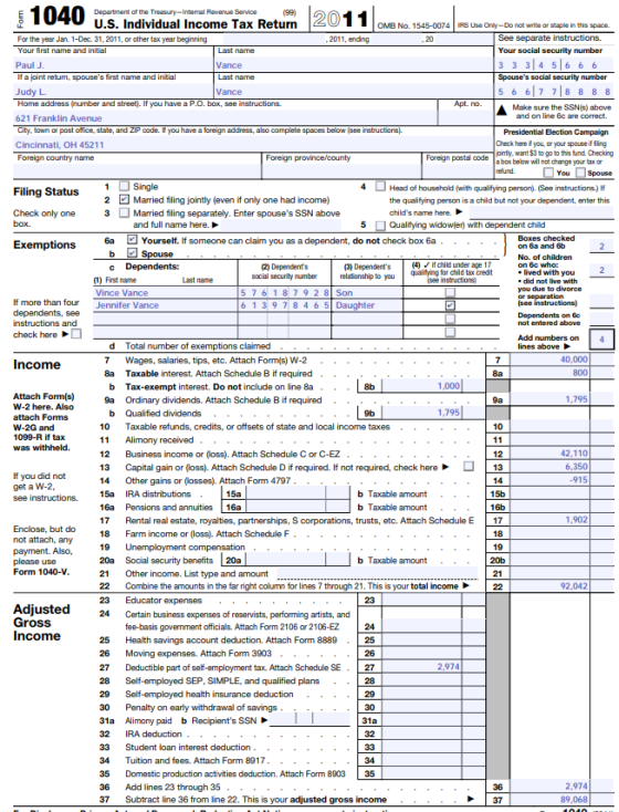 1040 U.S. Individual Income Tax Return201 1 OMB No. 1545-0074 IRS Use Only-Do not write or staple in this spac0. See separate
