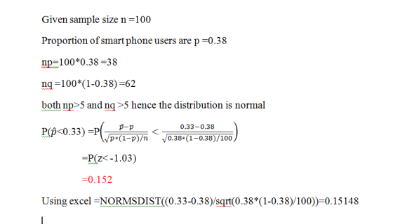Given sample size n -100 Proportion of smart phone users are p -0.38 np-100*0.38-38 nq 100 (1-0.38)-62 both np>5 and ng >5 he