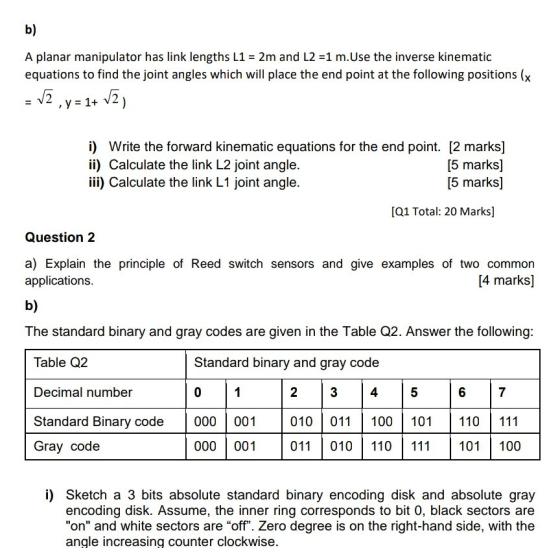 b) A planar manipulator has link lengths L1 2m and L2-1 m.Use the inverse kinematic equations to find the joint angles which