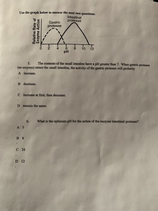 Use the graph below to answer the next two questions. Intestinal g Gastric protease protease 10 12 pH 5. The contents of the