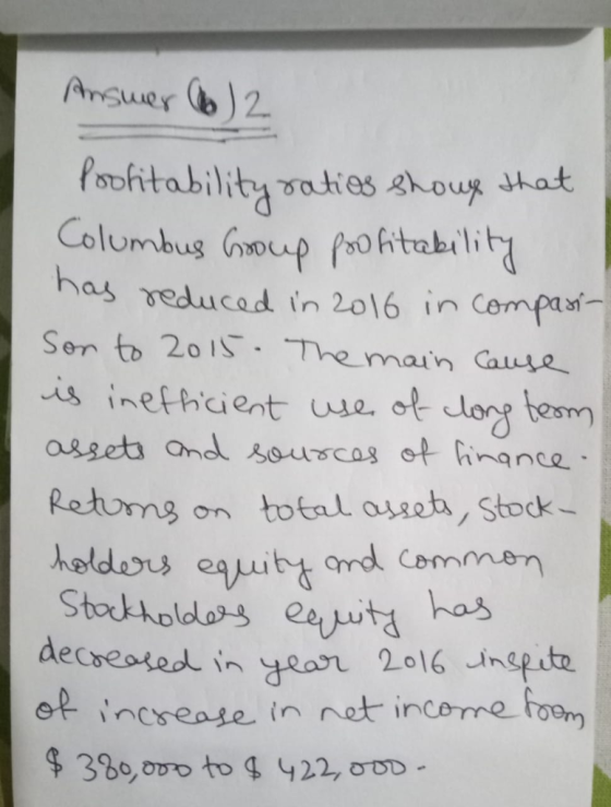 Ansuer b)2 oohitability aties hous shat Columbus Goup p0Atabili has reducad in 2016 in Compa Sor to 201S-The man Cause is ine