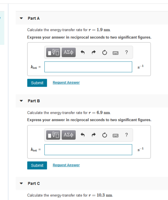 Calculate the energy-transfer rate for r = 1.0 nm Express your answer in reciprocal seconds to two significant figures. kret