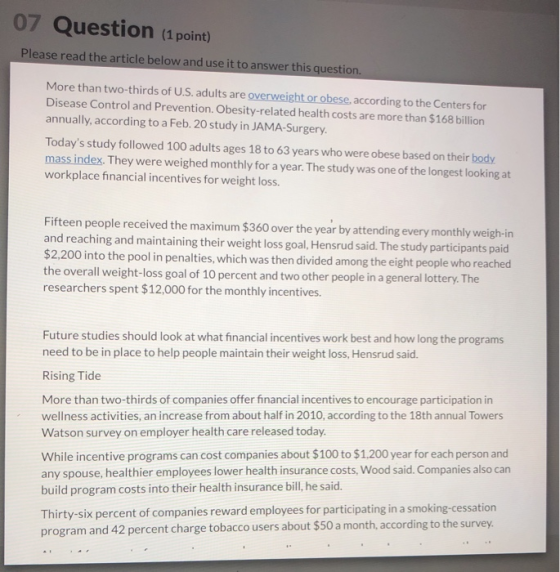 07 Question (1 point) Please read the article below and use it to answer this question. More than two-thirds of U.S. adults a