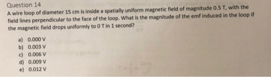 Question 14 A wire loop of diameter 15 cm is inside a spatially uniform magnetic field of magnitude 0.5 T, with the field lin