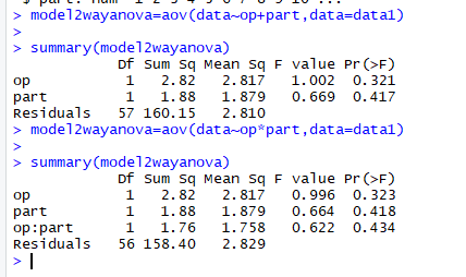 mode12wayanova-aov (data-op+part,data-datal) summary (model2wayanova) Df Sum Sq Mean sq F value Pr >F) 1 2. 82 2. 817 1.002 0