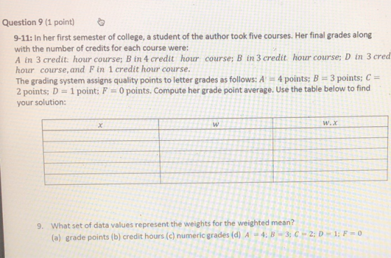 Question 9 (1 point) 9-11: In her first semester of college, a student of the author took five courses. Her final grades alon