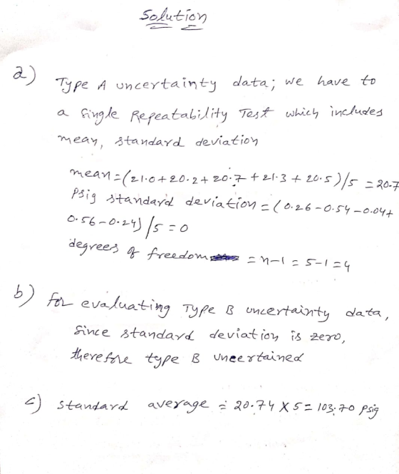Solution we have to Type A uncetainty data; inyg le Refeatalility Tast which incudes a meay, standayd deviation mean(210+20 P