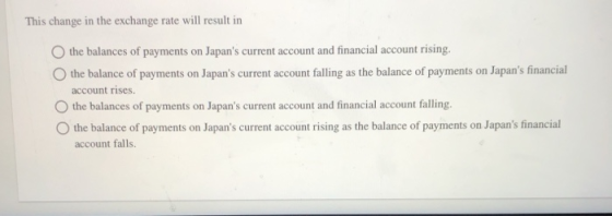 This change in the exchange rate will result in O the balances of payments on Japans current account and financial account r