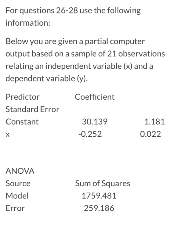 For questions 26-28 use the following information: Below you are given a partial computer output based on a sample of 21 obse