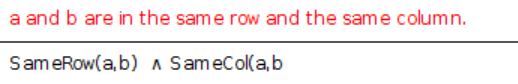 a and b are in the same row and the same column. SameRow(a,b) A SameCol(a, b