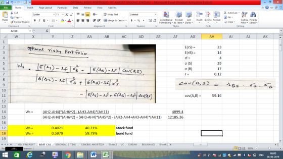 OPTIMAL RISKY PORTFOLIC VC AMORT SINKING JORDAN - Microsoft Excel (Product Activation Failed) File Home Insert Page Layout Fo