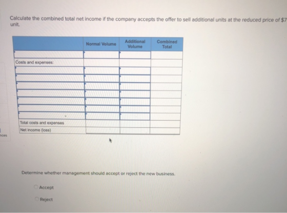 Calculate the combined total net income if the company accepts the offer to sell additional units at the reduced price of $7
