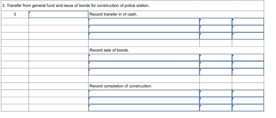3. Transfer from general fund and issue of bonds for construction of police station. Record transfer in of cash. Record sale