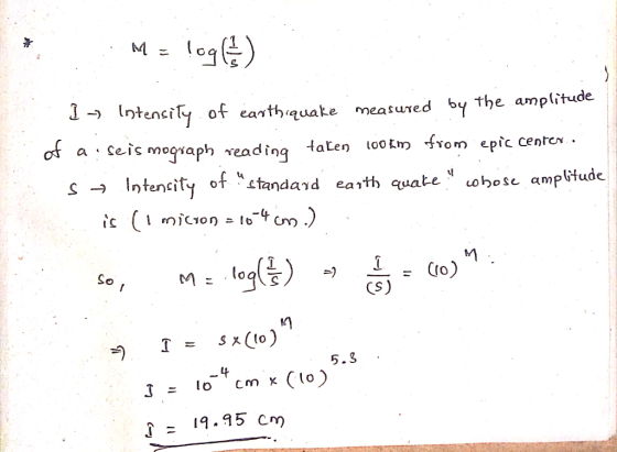 I -> lntencily of earthauake measured bt eading aLen ookm TYom epfc centen . Intencity t tandaid earth cuate ohose ampifude