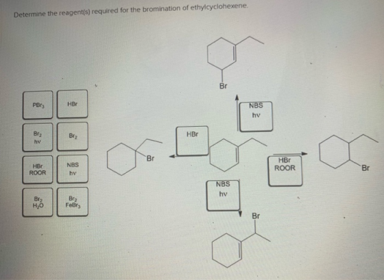 Determine the reagent(s) required for the bromination of ethylcyclohexene. Br HBr NBs PBr hv HBr Br2 hv HBr ROOR NBS HBr ROOR