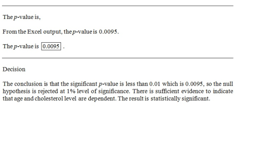 The p-value is, From the Excel output, thep-value is 0.0095. The p-value is 0.0095 Decision The conclusion is that the signif