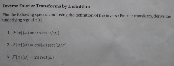 Inverse Fourier Transforms by Definition Plot the following spectra and using the definition of the inverse Fourier transform