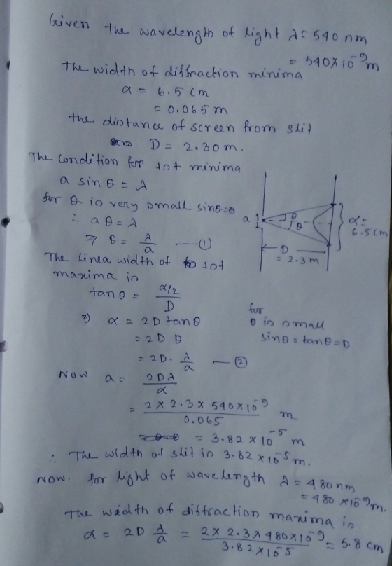 naven t wavelength of igh A: 540 nm The-width of diffraction mir ima 0.065m u. din tan co. of screen from gli? @con. Dニ2.30m.