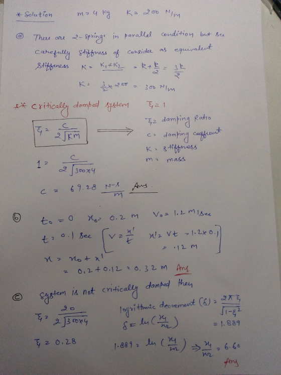 Solutiovn Thers one Spring in paralel condition but ca Cahetuted &tibbvus s もCongide.as equavalot klem 2 ampin m2 mass c deor