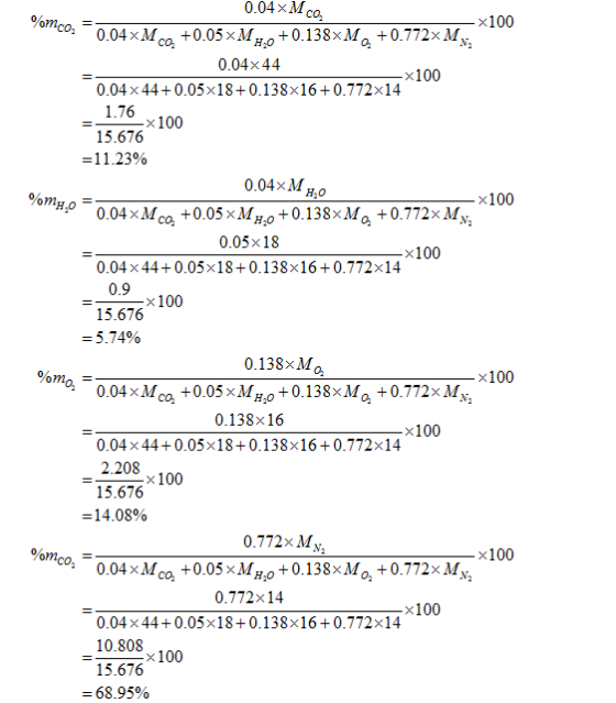 0.04xMco x100 0.04xMca +0.05xMH.0 +0.138xMa +0.772XMy. 0.04×44 0.04×44+0.05 x18+ 0.138x16+0.772 × 14 x100 1.76 15.676 11.23%