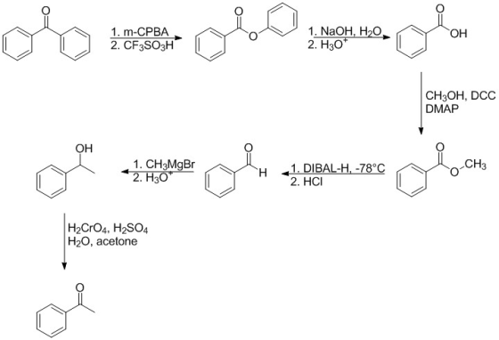 2. H30 2. CF3SO3H CH3OH, DCC DMAP он 1. CHaMgBr 2. HCI H2CrO4, H2SO4 H2O, acetone