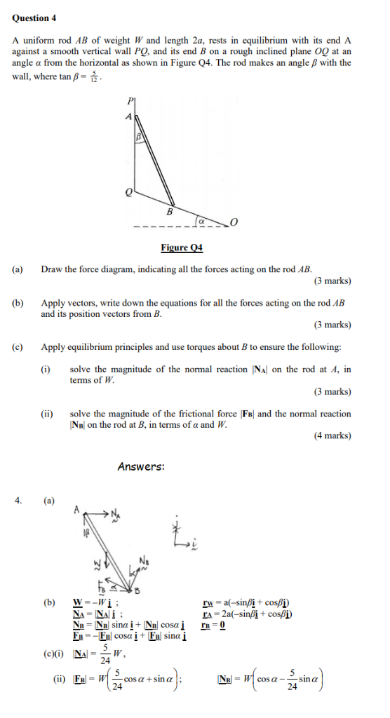 Question 4 A uniform rod AB of weight W and length 2a, rests in equilibrium with its end A against a smooth vertical wall PQ,