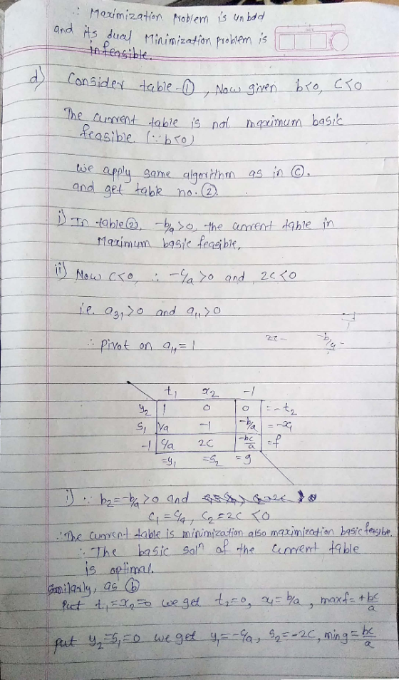 is unbdd rd ts dual and Mininization proktem is is d Consider tabie ㄈ he cuent table is nal gum basio ply same alaathm s n G