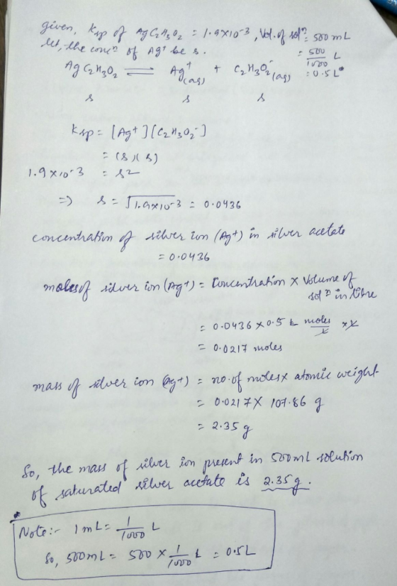 given : 1.4X103 , Vl. el bk AgT be s (as) (as) kp lAgt eo, 1.9 x03 GRo-3 0.0436 in iluer actet sihes im concentrabm 0.0426 (P