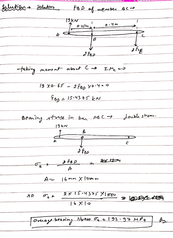 alution Solutry 19kN tkiny momsat abaut C -» ZM 2 19 хо: 65 IS.43 kN doubl Beay At in ban AB C A- I6 mm X lomm 2 * IS.4375 XI