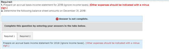 Required: 1. Prepare an accrual basis income statement for 2018 (ignore income taxes). (Other expenses should be indicated wi