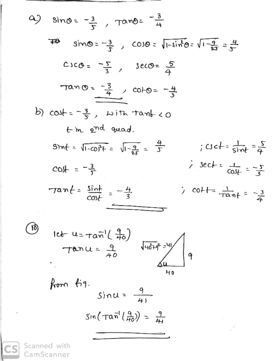 3 a) sino-3 3 1 4 Tan四2-3 3 t-m nd quad. Sint 25 CoSt 3 cost 3 Cs cnned with CamScanner