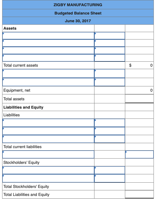 ZIGBY MANUFACTURING Budgeted Balance Sheet June 30, 2017 Assets Total current assets 0 Equipment, net 0 Total assets Liabilit
