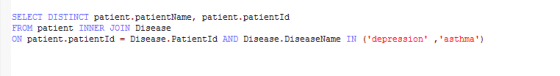 SELECT DISTINCT patient.patientName, patient.patientId FROM patient INNER JOIN Disease ON patient .patientId Disease. Patient