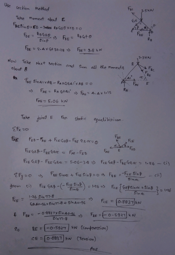 Use section metfod Take moment abas E DE gine 3-3KA Now Take Next Sectiom and Sum all the mements aboust B Bc F. BE A1 FAE Ta
