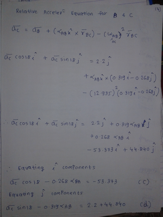 Relative Accele Equation or B 4 c rG) 2. AC 2 - (12 935) (o 31g -o 203j ナ0.268 KAB人 ー53343人 ナ44.840」 Equating components Equa