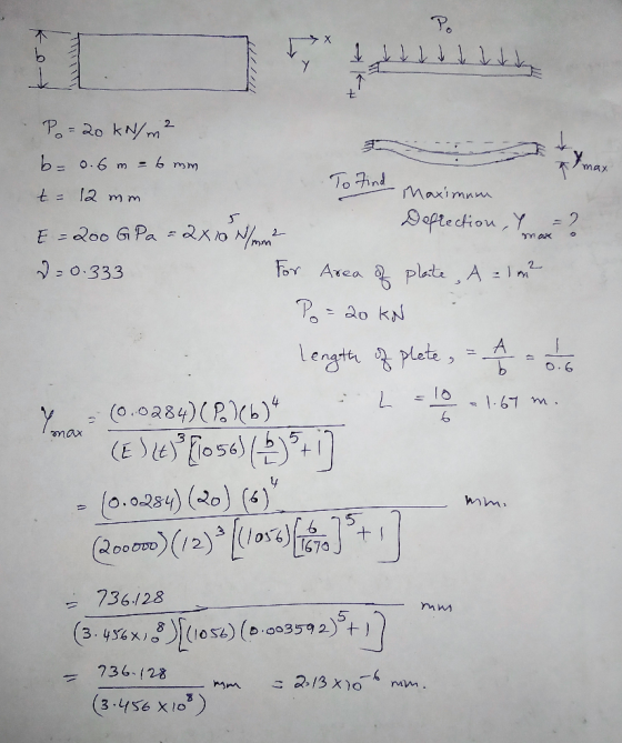 2 P 20 kNm mAY bo.6 m =6 mm To tind maximn t l2 M m Soptection Y 2 F 2o0 G Pa - dXo N/ 2- For Area plate, A -1m 0.333 A Leng