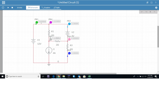 Untitled Circuit (1) A?Split 19.502s Schematic Grapher PR4 PR1 PR2 8.0000A v 12.000V i 5.0000A R1 V2 v 6.0000V 12V 2Ω R3 4A i