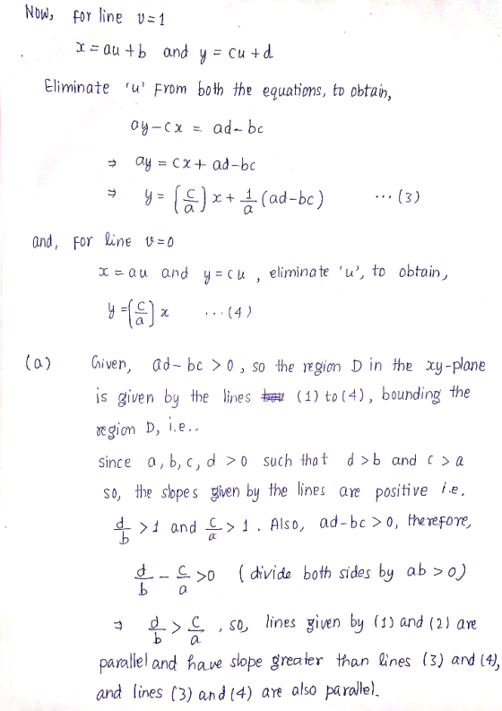 NDw, Fo line v-1 Eliminate u From both the equations, to obtan, oy-cx - ad- bc and, For Line v-o au and y cu , eliminate u,