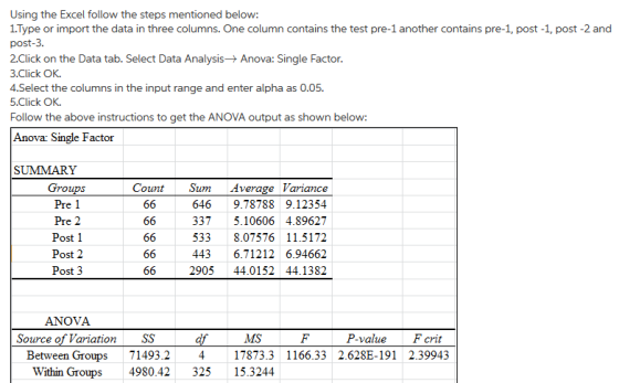 Using the Excel follow the steps mentioned below 1Type or import the data in three columns. One column contains the test pre-
