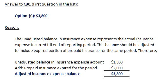 Answer to Q#1 (First question in the list): Option-(C): $3,800 Reason: The unadjusted balance in insurance expense represents
