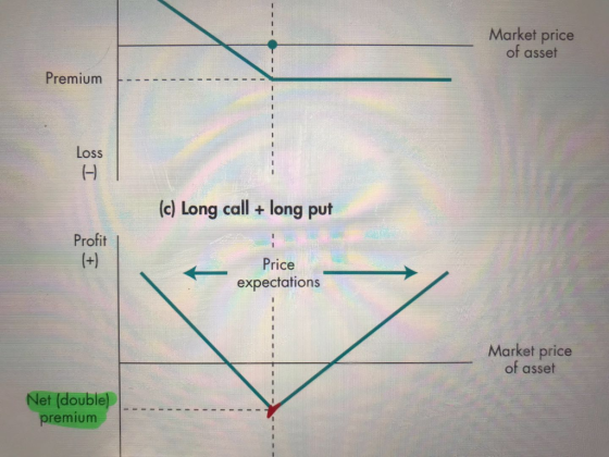Market price of asset Premium- LOSS (c) Long call+ long put Profit Price expectations Market price of asset Net (double premi