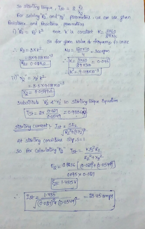 So slarBng larque, Tst= a l2 For solving and paramelersue can ute grven Resistane andReactante pamdeos tHere kis constant K