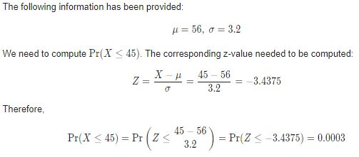 The following information has been provided: μ = 56, σ = 3.2 We need to compute Pr(X 45). The corresponding z-value needed to