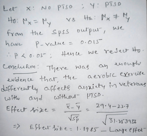 Let x: NO PTSO Y: PTSD 4o: Mx-MY We fram the Spss oupu O.015 have P-Value Hene we rejecr to P0.0 noughs Cmelukon: There Nas a
