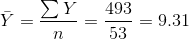 \bar Y=\frac{\sum Y}{n}=\frac{493}{53}=9.31