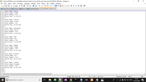 CAUsersuOSEE Documents NetBeansProject read from the dat file and make class TALKSHOW NEW.dat - Notepad++ File Edit Search Vi