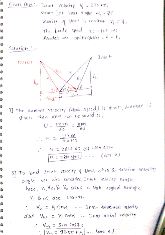 Given an-llet vedociny jet oet angle e, = 73 Steam veiocity lo is constnt- Seed blade The U165 ls Blacles are equittngua = f,