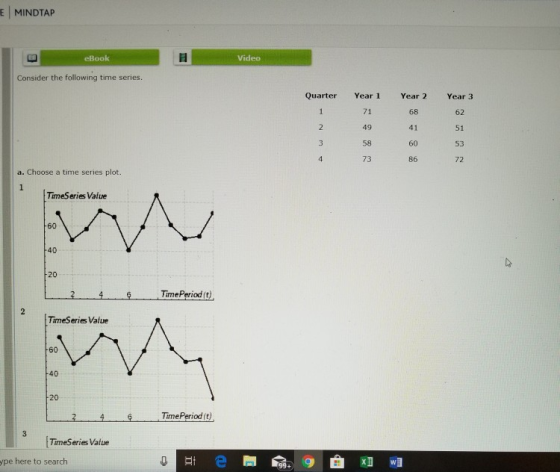 E I MINDTAP Video eBook Consider the following time series. Quarter Year 1 Year 2 Year 3 71 49 58 73 68 41 60 86 62 51 53 72