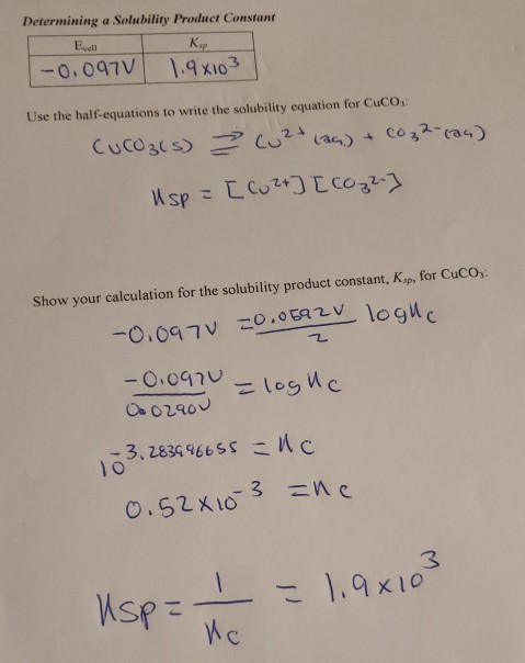Determining a Solubility Product Constant Kup Ecell Use the half-equations to write the solubility equation for CuCOs spこ Sho